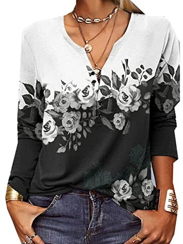 Frauen Langarm Bedruckt V-Ausschnitt Knopf Lose Mode T-Shirt Frauen Im Herbst Und Winter
