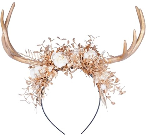 MOSTORY Handgefertigtes Fee Geweih Stirnband für Karneval Kostüme Damen, Elfenkrone mit und Blumen für Weihnachten Cosplay