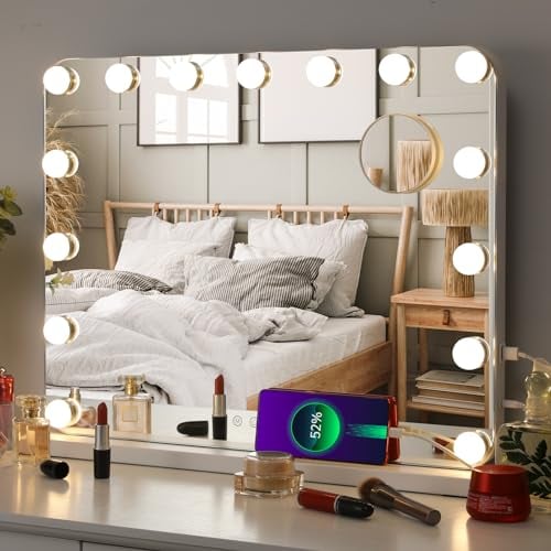 MAMIZO Hollywood Spiegel 58x46 cm, Schminkspiegel mit Beleuchtung, 15 LED, 3 Lichtfarben, Enstellbare Helligkeit, mit USB und 10x Lupe, Spiegel mit Licht, Wandspiegel, Schminkspiegel für Make-Up