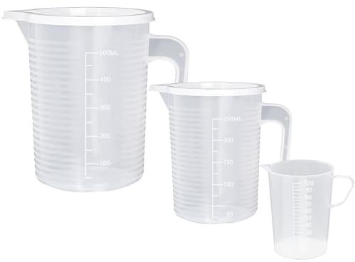 3 Pcs Plastic Measuring Jugs, Hioph 100ml 300ml 500ml Measuring Cups with Handle and Lid Cooking Baking Measuring Jug Heat Resistant Measuring Jugs Set Transparent Medicine Lab Measure Cups