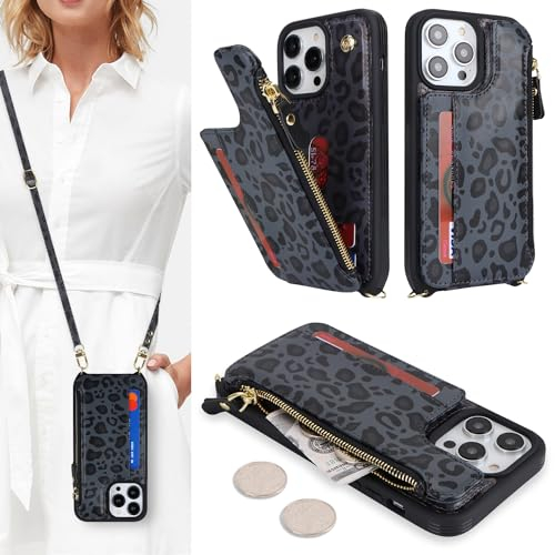 SailorTech iPhone 14 Pro Hülle mit Kartenfach, Handytasche mit Reißverschluss Geldbörse und Verstellbarer Halskette - Schwarzer Leopard