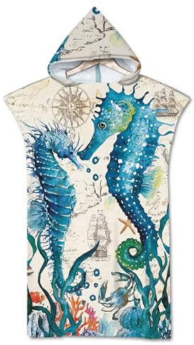 Rowjoy Strandtuch Poncho, Ozean Tier Drucken Surf Poncho, Blau Unterwasser Welt Strandtuch mit Kapuze, Handtuch Poncho Schnell Trocknender Badeponcho für Erwachsene (Seahorse2-75x110cm)