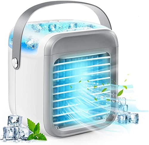 Rechargeable Portable Air Conditioners Fan with 3-in-1 Cooling and Quiet, 7 Colours Night Light and 3 Speeds Mobile Evaporative Air Coolers, Air Cooler for Homes, Room, Bedroom, Office and Travel