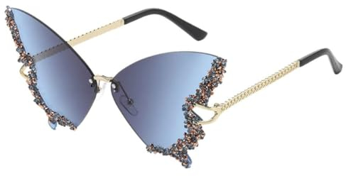 LEEQ Lustige Diamond Strass Disco Brille, Schmetterling Sonnenbrille Randlose Vintage Brillen, für Herren Damen Getönte Rave Brille Festival Sonnenbrille