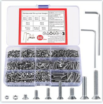 580 Pièces M3 M4 Vis Boulons et Écrous, Vis à Tête Fraisée, Vis à Six Pans Creux Hexagonale Assortiment Kit, Vis à Tête Cylindrique à Six Pans à Tête Plate de Fixations pour Meubles Garage