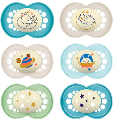 MAM Original Night Schnuller 16+ M (6er Pack), im Dunkeln leuchtende Schnuller, inkl. Transport- und Sterilisationsbox, Baby Schnuller ab 16 Monate, Sauger aus MAM SkinSoft Silikon, 6 Stück