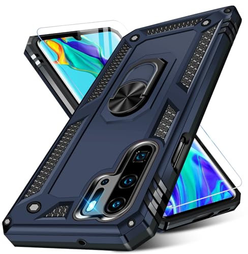 Vaki Mobile Phone Case for Huawei P30 Pro with Screen Protector, 360° Metal Ring Stand, Shockproof Bumper Case, Protective Case for 5G (Blue)