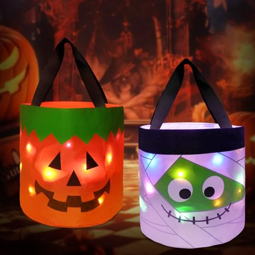 Homgaty LED Halloween Eimer für Süßigkeiten - 2 Stück Leuchtende Tasche für Süßes oder Saures, Kürbis Beutel Candy Tüten für Kinder, Geschenktasche