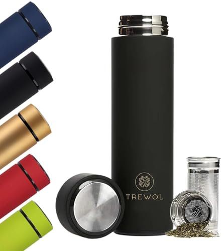 TREWOL Botella Térmica con filtro Infusor de Acero Inoxidable 500ml - Termo para Té, Infusiones y Café con doble parede aislante. Diseño Moderno y Hermético - Libre de BPA(Negro)