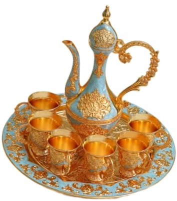 LOVIVER Turkish Teapot Set Teapot Set Art Crafts Vintage,Metal,Coffee Cup Set,Turkish Coffee Pot Set for Housewarming Birthday Home, light blue