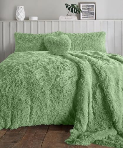 NIGHTZONE Teddy Bear Fleece Long Fur Cuddles Alaska Luxury Duvet Cover Set Warm Cosy Soft Teddy Bedding Set (Super King, Sage Green)