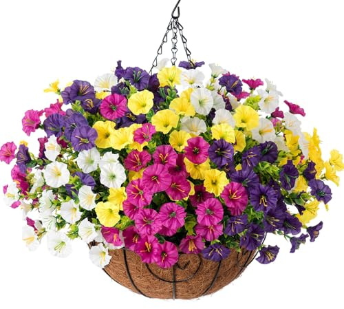 Künstliche Hängeblumen, Körbe für den Außenbereich, künstliche Seide, Morgenglorie im Übertopf, UV-beständig, realistisch, künstliche Blume für Außenbereich, Veranda, Terrasse, Balkon, Garten, Hof