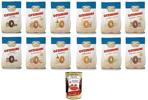 Italian Gourmet Testpaket Ottimini Biscotti assortiti 8 x 400g + 4 x 350g | Mix gusti nocciola, mandorla, limone, riso mais, classico, cacao; knusprige, Gesamtnettogewicht 3,2 kg + Kostenlos Polpa 400g