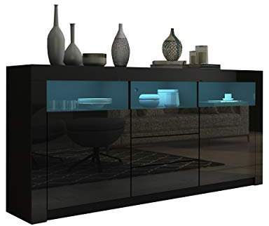 Ikewaier Moderner Sideboard Schrank Kommode in Front Hochglanz 2 Türen 3 Schubladen Esszimmer Küche Buffet Küchenschrank mit LED Streifen 160cm (Schwarz)