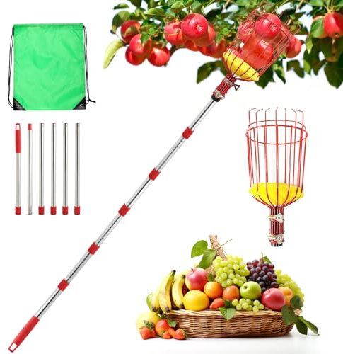 seOSTO 2,6M Obstpflücker mit Teleskopstiel, Apfelpflücker Diameter 16 cm, Obstpflücker mit Schaumstoffpolster, Kirschenpflücker Klaueförmiger Eisenhaken, Reaching Inaccessible Places in Fruit Trees
