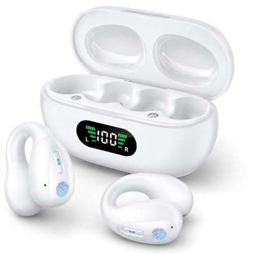 Bone Conduction Headphones, Wireless Headphones Earbuds,Comfort Open Ear Headphone, Clip On Bluetooth 5.3 Ear Buds,Waterproof Running Earphones with Built-in Mic (white)