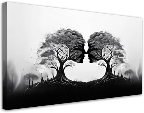 Feeby Leinwand Bilder - Bild Wohnzimmer - Baumkuss Schwarz & Weiß - 120x60 1tlg - Deko Schlafzimmer Groß - Dekoration Canvas - Gemälde - Modern Wandbilder - Kunstdruck