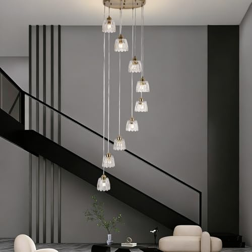 YPQXYHDA Modern 9 Light Glass Long Pendant Light, Gold Chandeliers for High Ceilings Staircase Hanging Light Adjustable Drop Kitchen Island Light Foyer E27 Bulbs Not Included for Stairwell, Entryway
