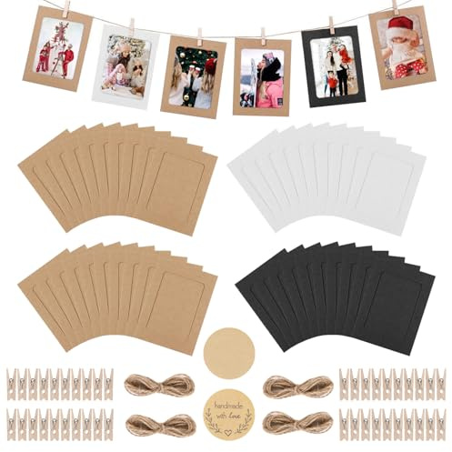 BYETIVE 40 stücke Kraftpapier Bilderrahmen Collagen Hängende Wanddekoration zum Aufhängen von Bildern Postkarten, mit 40 mini Holzklammern, 4 Hanfseile und 80 DIY Aufkleber,10x15cm 300gsm