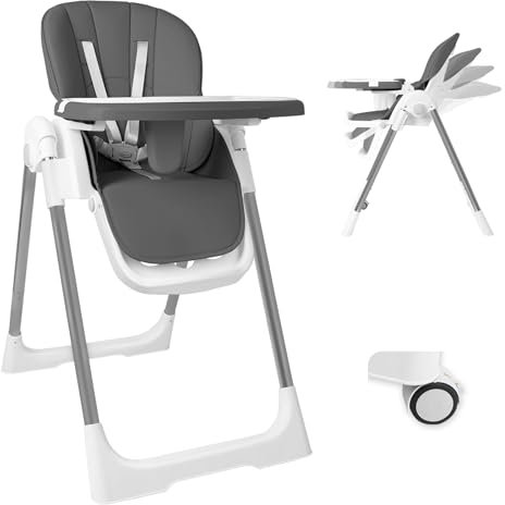 Chaise haute bébé pliante 4en1, 4 Positions d'Inclinaison, Hauteur réglable, Chaise haute enfant avec plateau amovible et roulettes, évolutive avec ceinture à 5 points, Beige
