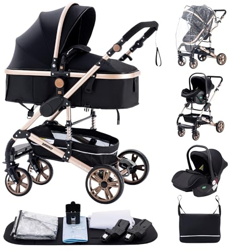 ALYIKOU3 in 1 Kinderwagen Komplettset | Kombikinderwagen Set inkl. Babywanne Buggy Sportsitz Fußsack | Vollgummireifen Wickeltasche Regenschutz (3 in 1 739 Schwarzes Gold)