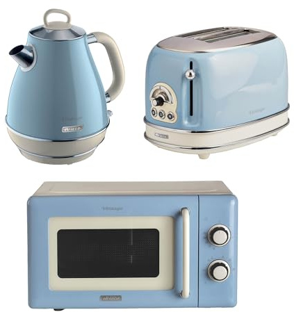 Ariete Vintage Breakfast Set, Retro 2-Slice Toaster with 6 Browning Levels, 2000W Fast-Boil 1.7L Kettle & 800W Microwave, Blue