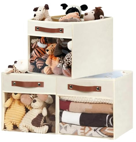 VAIGU:OA 3 Stück Aufbewahrungsbox - 25 x 25 x 25 cm Stoff Boxen Aufbewahrung mit Transparentem Sichtfenster Schrank Organizer Faltbare Aufbewahrungsboxen für Spielzeug, Kleidung (Beige Weiß)
