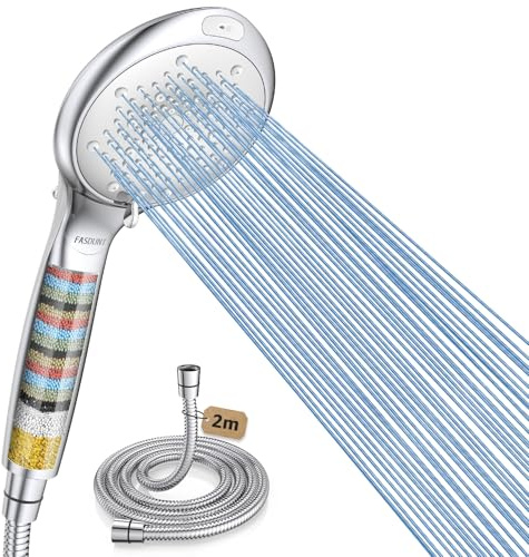 FASDUNT Pommeau de douche avec filtre contre le calcaire, 8 types de jets, haute pression, avec tuyau de 2 m, 20 couches, pour eau dure, chlore résiduel, métaux lourds, bactéries