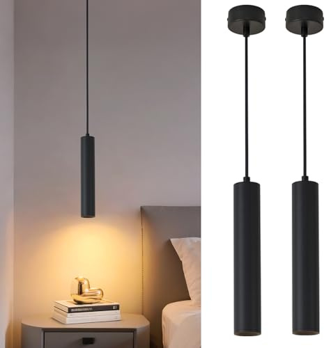 SXHZLY Pendelleuchte Schwarz, Hängelampe GU10 Zylinder mit 5W LED Leuchtmittel, Moderne LED Hängeleuchte für Schlafzimmer Nachttisch,Küche, Esstisch, Wohnzimmer Warmweiß 3000K (30cm 2Stück)