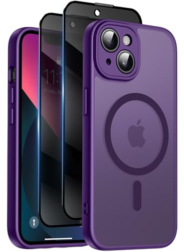 Qasyfanc Coque pour iPhone 13 avec Verre Trempé Anti-Espion | Violet Foncé, Compatible avec MagSafe, Étui Mat Translucide Arrière Housse Antichoc Anti-Rayures