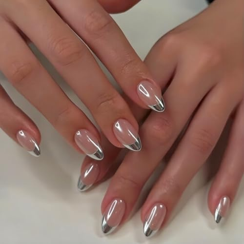 SXVME Chrome French Tip Press On Nails Short Almond, 30 Pcs Glazed Silver False Nails Press ons With Mirror Effect, Reusable Long-Lasting Sparkle French Artificial Nails for Women Wedding