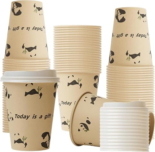 Cherypick 25 Pack Paper Cups 12 oz/360 ml Disposable | Paper Coffee Cups with Lids for Hot and Cold Drinks Coffee and Tea Leak-Proof to Go Cups for Home Office and Party (Panda)