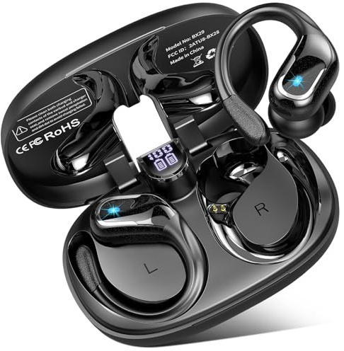 Auriculares Inalambricos Deportivos, 75H Auriculares Bluetooth 5.4 3D Hi-Fi Estéreo, 2026 Cascos Inalambricos Cancelacion Ruido ENC IPX8 Impermeable Auriculares Running, Gancho, LED Pantalla Negro