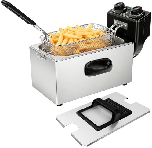 4 Litre Deep Fat Fryer with Basket, Easy Clean Stainless Steel Electric Fryer, Adjustable Temperature 60–200°C, Viewing Window Lid, 2000W Fast Heat Fryer for Chips, Chicken and Seafood