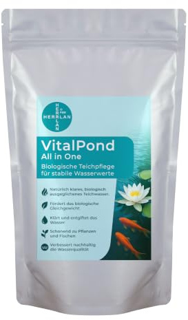 HERRLAN® VitalPond 250 g -BIOLOGISCHE Teichpflege für KRISTALLKLARES Wasser | All-in-One Teichpflege für klares, biologisch ausgeglichenes Teichwasser – hochkonzentriert – Dosierung: 0,5–2 g/1.000 L