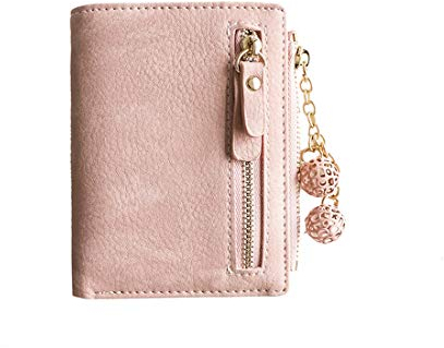 AOXONEL RFID-Geldbörse für Damen, klein, doppelt gefaltet, Leder, Mini-Reißverschluss, Münzgeldbörse, Ausweis, Kartenfach, schmal, kompakt, dünn (Rosa)