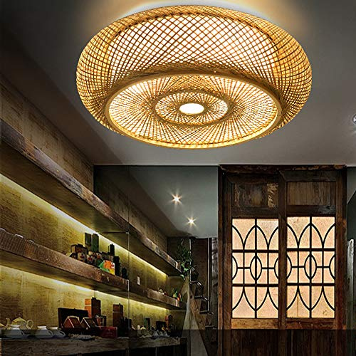 Deckenleuchte Vintage Deckenleuchte Holz Bambus Laterne Schlafzimmerlampe Kreativer Handgefertigter Rattan Pendelleuchte E27*3 Handgemachte Lampenschirm Esszimmer Wohnzimmer Küche Café Bar,80cm