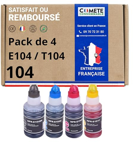 COMETE Encre Compatible avec EPSON 104 Ecotank- Lot de 4 Bouteilles | Marque Française pour ecotank ET-1810 ET-2726 ET-2810 ET-2811 ET-2814 ET-2815 ET-2820 ET-2821 ET-2825 ET-2826 ET-4700 ET-4800
