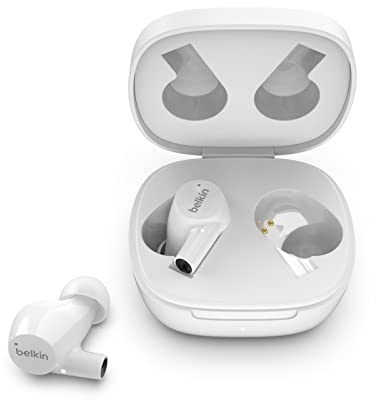 Belkin drahtloser SoundForm Rise True Wireless Bluetooth 5.2 In-Ear-Kopfhörer mit Ladecase, Schweiß- und Spritzwasserschutz nach Schutzart IPX5, tiefer Bass für iPhone, Galaxy, Pixel usw. – Weiß