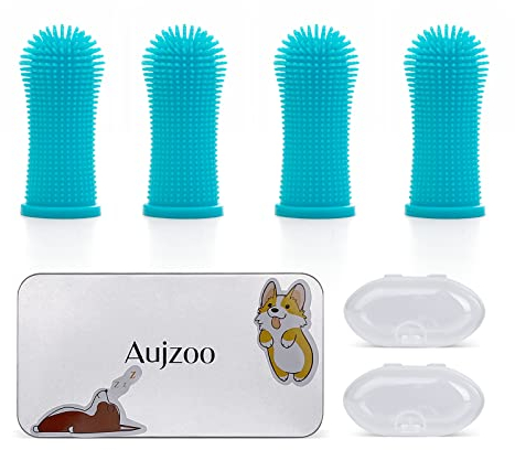 Aujzoo Dog Toothbrush, 360º Pets Teeth Cleaning Toothbrush for Dogs Cats Dental Care, Silicone Finger Teeth Brush Set of 4 04-Blue