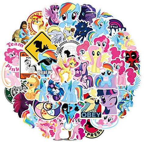Huayao My Little Pony Stickers 50pcs Einhorn Aufkleber für Geschenktüten, Kindergeburtstag Mitgebsel, Mädchen & Jungen - Wasserdicht, Glitzer, Cartoon, Weiß
