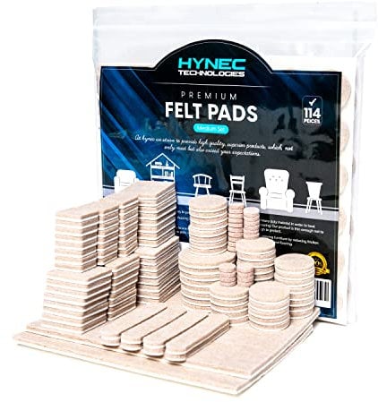 Hynec Premium Felt Pads for Furniture Feet - Self Adhesive Floor Protection, Chair Leg Floor Protectors, Table Legs, Furniture Sliders for Wooden Floors (114 Pieces - 4 Sizes)