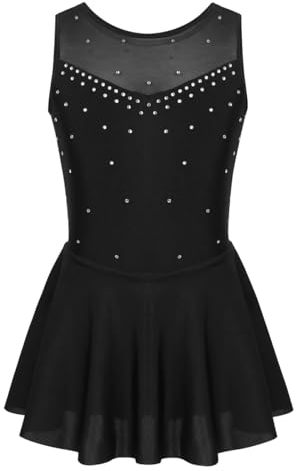 JEATHA Mädchen Glänzend Strass Eiskunstlauf Kleid Tanzkleid Ärmellos Ballettkleid Tüllkleid Rollschuh Sakter Kleider Ballett Trikot Tanzkleidung Schwarz A 146-152