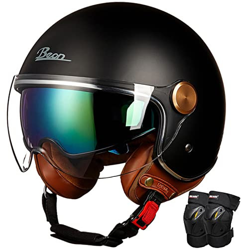 Casque Jet Moto Double Visiere et Genouillères Classic Casque Ouvert Vintage Noir Mat Coque ABS (55-61CM)