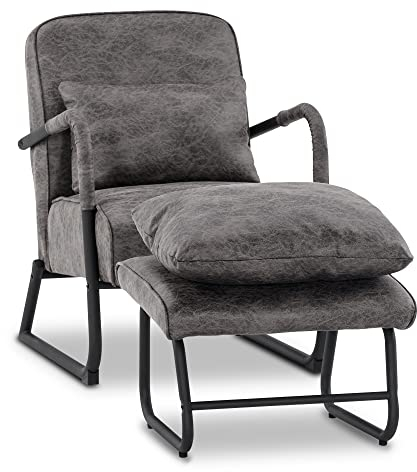 M MCombo Sessel mit Hocker für Wohnzimmer, Retro Vintage Relaxsessel mit Taillenkissen, Armlehnensessel Loungesessel Polstersessel aus Mikrofaserstoff, 4742 (Dunkelgrau, mit Hocker)