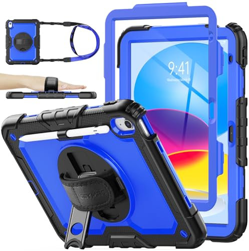 SEYMAC stock Hülle für iPad A16 11./10. Generation 11/10.9 Zoll 2025/2022, Stoßfeste Hülle mit Displayschutzfolie, 360 Drehbarer Ständer/Handschlaufe, Stifthalter & Schultergurt, Blau