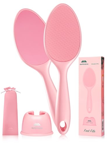 Sunivaca 2-Sided Glass Foot File Callus Remover for Feet - Safe, Effective Yet Gentle Feet Scrubber Dead Skin Remover with Long Handle & Drain Stand, Pumice Stone Pedicure Tools for Soft Feet - Pink