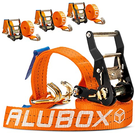 Alubox Spanngurt mit Ratsche und J-Haken 38mm breit orange Belastbarkeit 1000kg Ratschengurt TÜV G/S geprüft - Länge 4,6m - 4 Stück