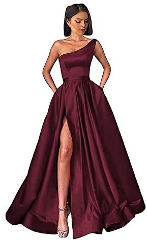 Damen One Shoulder Ballkleider Lange Schlitz Satin A-Linie Formelle Abendkleider Sexy Partykleid