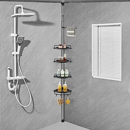 ZHUGE Telescópica Estanteria Ducha con 4 Bandejas, 4 Ganchos y 1 Barra de Toallas, Ajustable de 70 a 330 cm del Suelo al Techo, A prueba de óxido, Negro